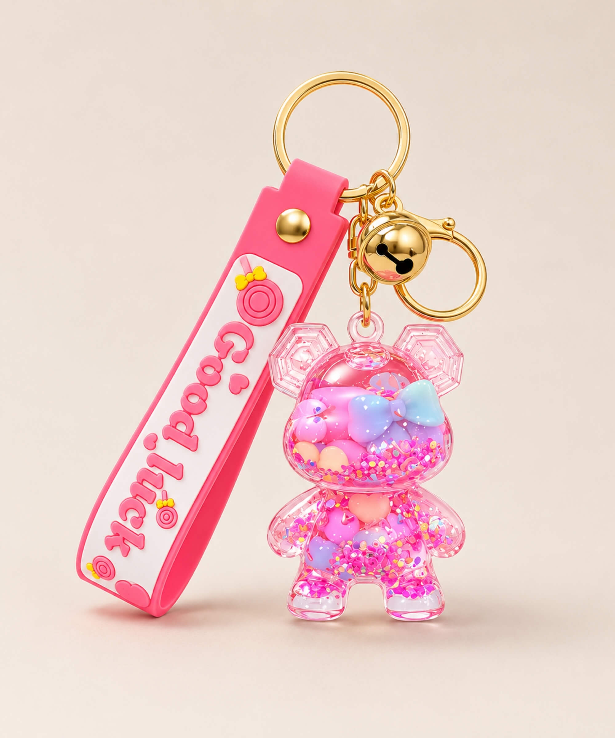 Pink bear floating shaker keychain with colourful beads and pink strap